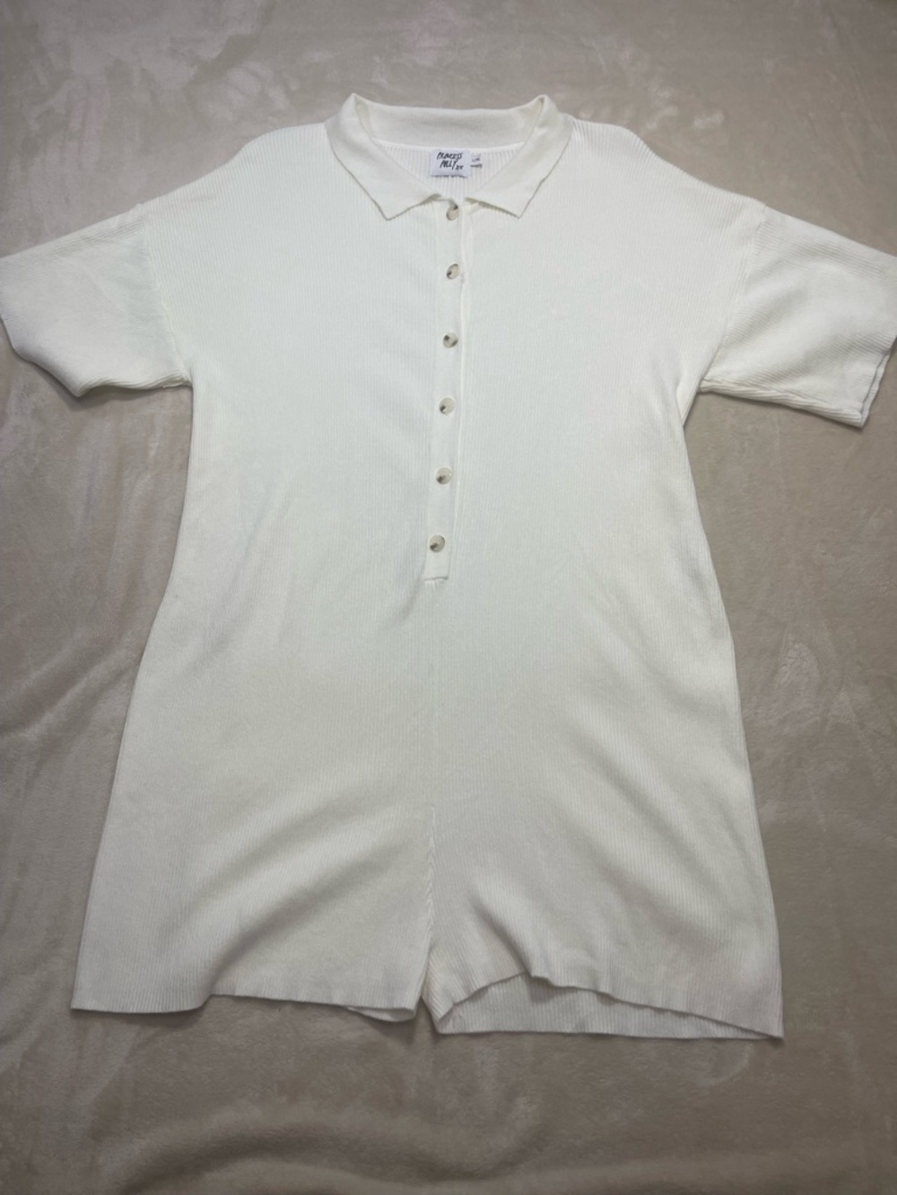 Princess Polly Soft Knit Collared Button Romper L/XL Cream Ribbed